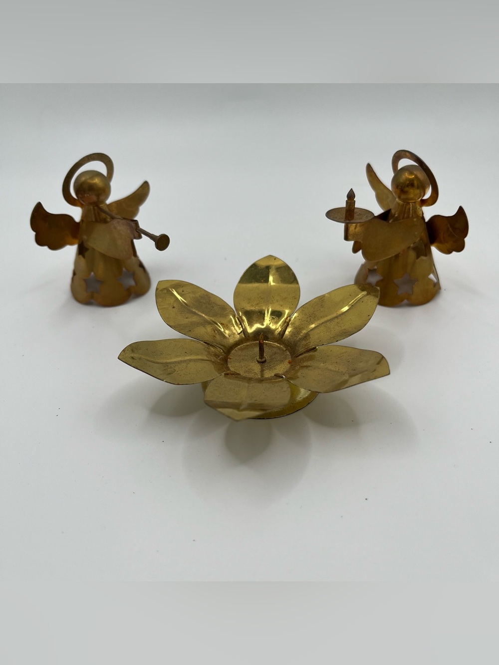 Vintage Brass Angels and Candle Holder - Decor Bundle of 3